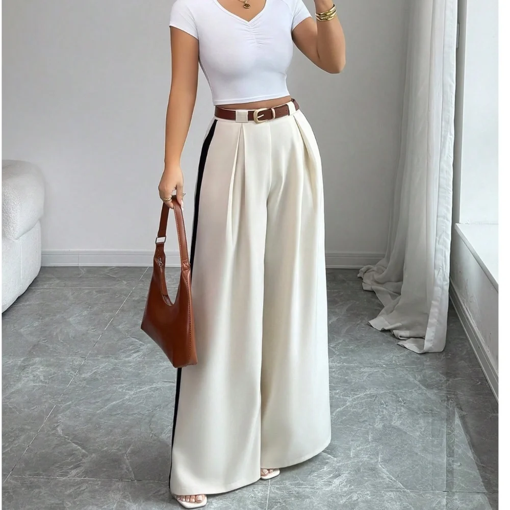 Classic Solid Stretchy Waist Pleated Pockets Wide leg Trouser Pants